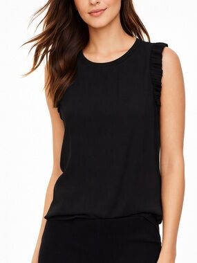 LOFT Black Ruffle Shoulder Sleeveless Blouse Chic Mixed Media Top Size Medium